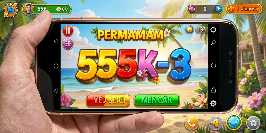 Tampilan gameplay seru dari 555F dengan warna-warni mencolok.
