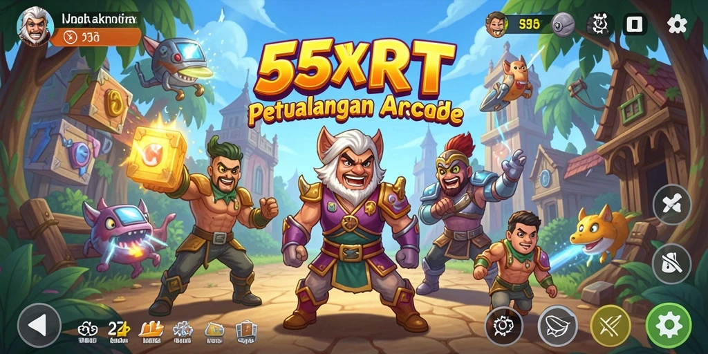 Screenshot gameplay dari 55RT menunjukkan aksi seru di level yang penuh warna.