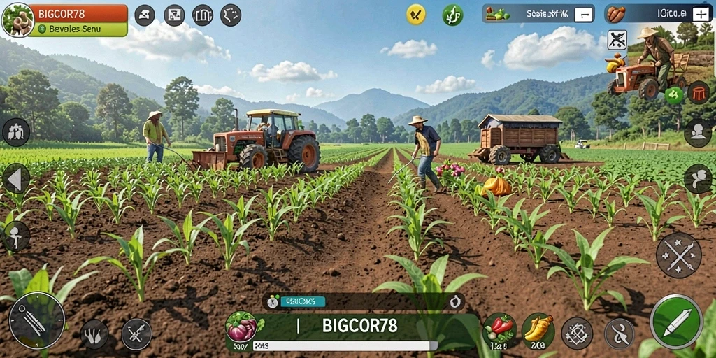 Tampilan gameplay seru di BIGCOR78 yang menampilkan aktivitas bertani.