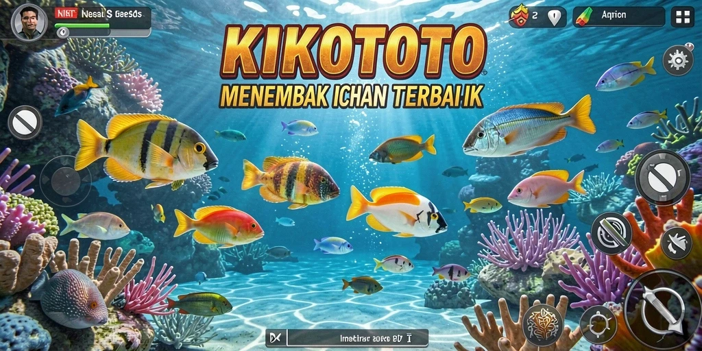 Tangkapan layar gameplay KIKOTOTO yang menunjukkan aksi menembak ikan.