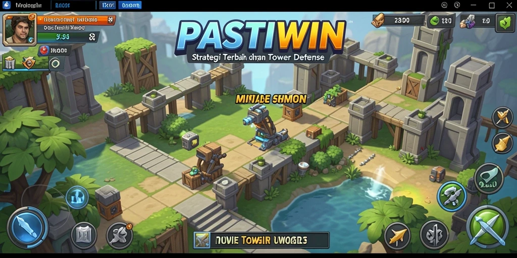 Tampilan gameplay PASTIWIN dengan menara strategis dalam aksi.