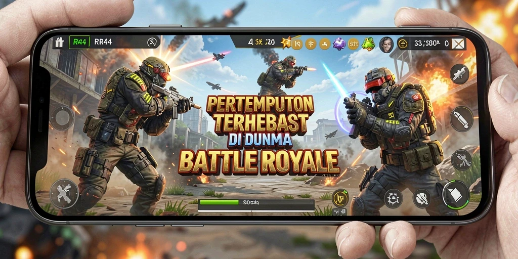 Screenshot gameplay RR44 menampilkan aksi pertempuran intens di medan tempur Battle Royale.
