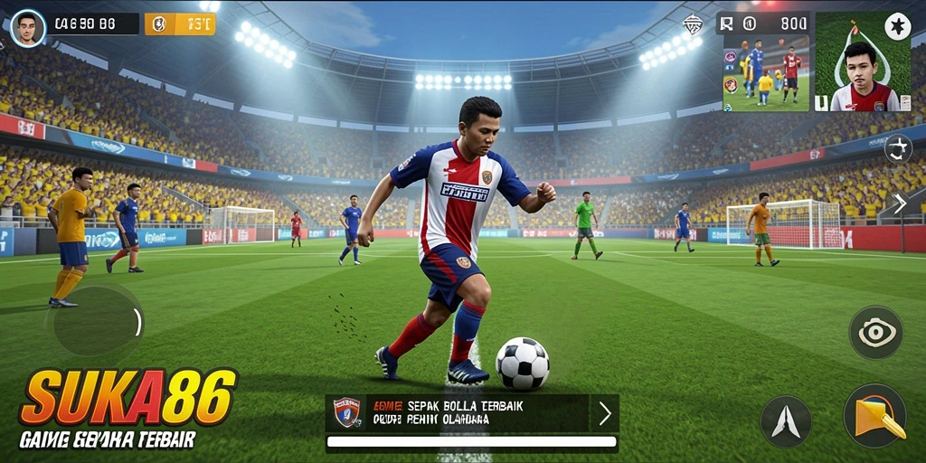 Tampilan gameplay menegangkan dalam permainan sepak bola.