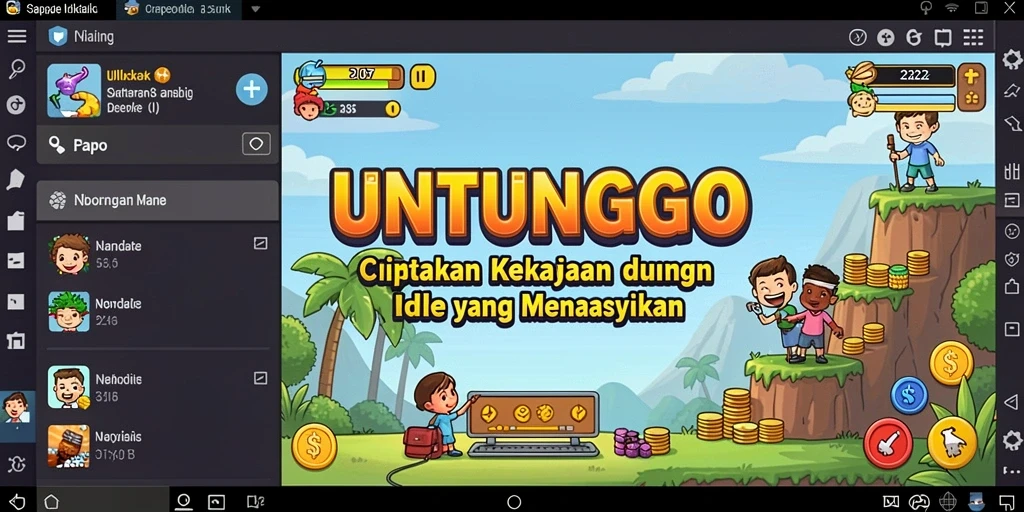 Tampilan gameplay yang menyenangkan dalam UNTUNGGO dengan otomatisasi pengumpulan aset.